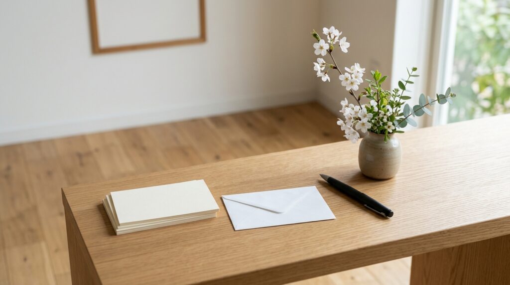 机上にカードや筆記用具が整えられた、喪主への連名弔電の書き方やマナー検討を表すイメージ画像