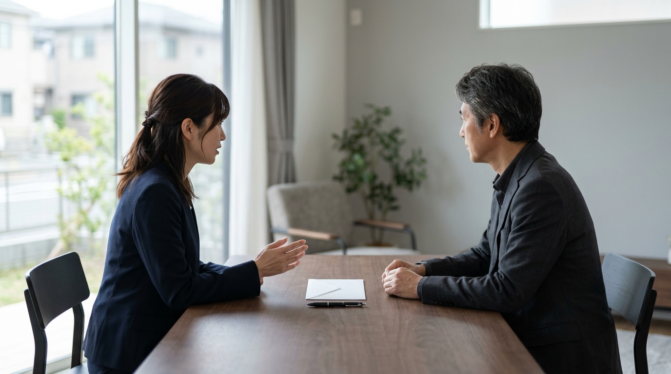 喪主への連名弔電の書き方を確認しながら、参列者との関係性や人数に応じた表記を検討する男性を表したイメージ画像