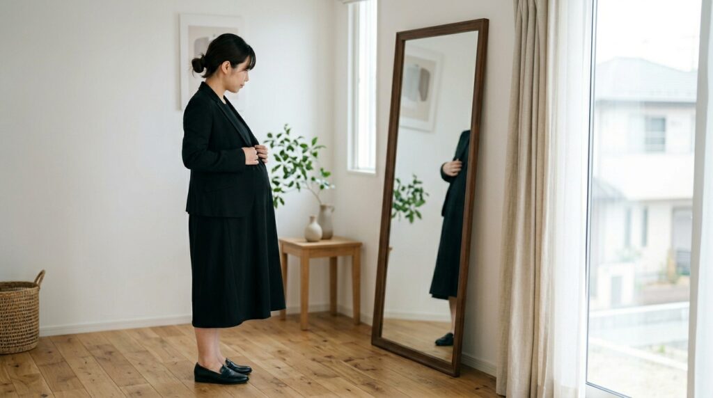 マタニティ喪服をGUで用意できるか検討する妊婦の服選びやサイズ確認の様子を表すイメージ画像