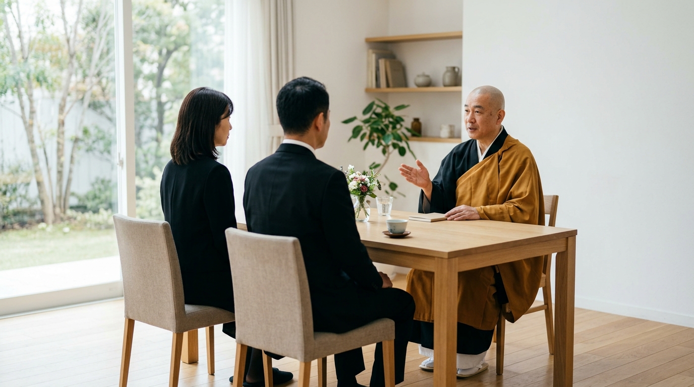 100か日法要をしない場合の判断について、男性が僧侶の話を聞きながら供養や宗派の違いを考えている様子を表すイメージ画像