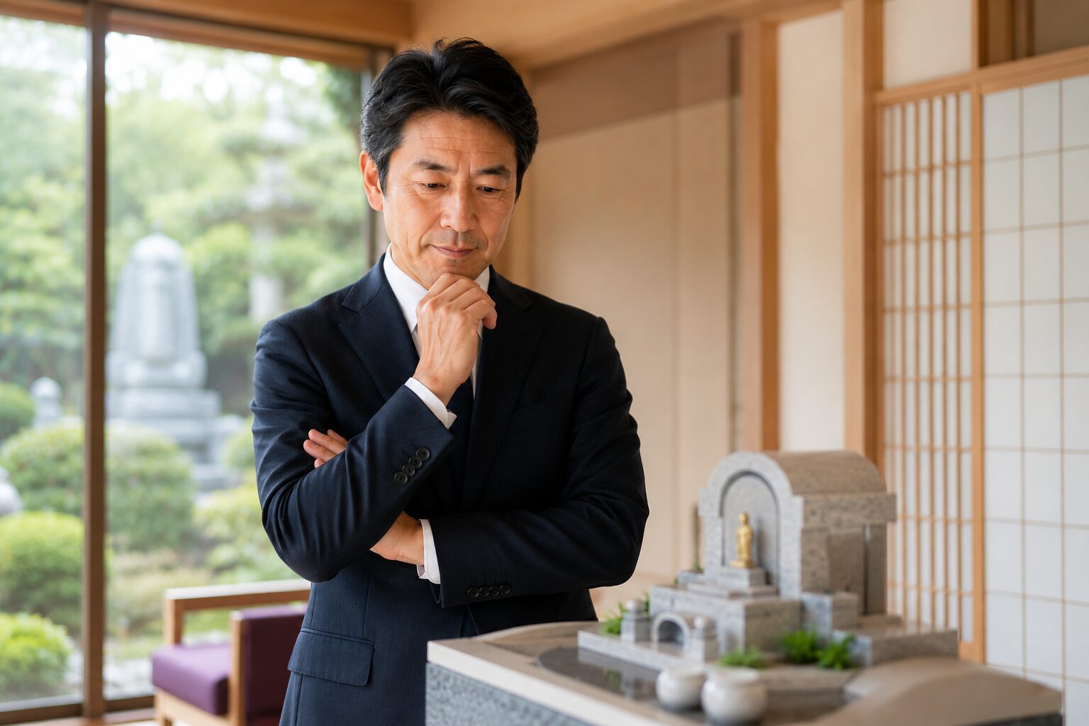 合同墓の申し込みや供養方法について検討する男性のイメージ
