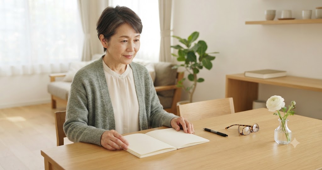 セリアとダイソーのエンディングノートを比較し、それぞれの内容や特徴の違いを考える場面を表すイメージ画像