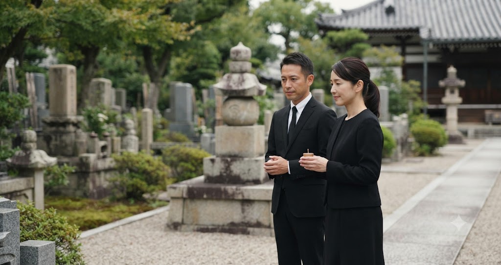 四天王寺の納骨について男性が供養の方法や合祀の仕組みを静かに考え、将来の選択を検討している様子を表すイメージ画像