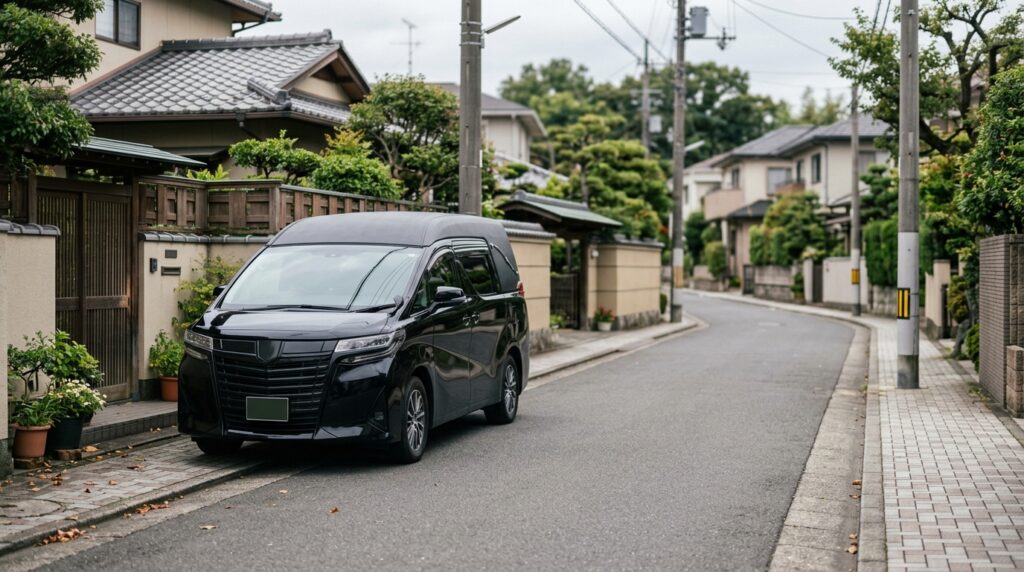 静かな道路に停車した霊柩車と葬送の雰囲気から、霊柩車で親指を隠す由来を表すイメージ画像