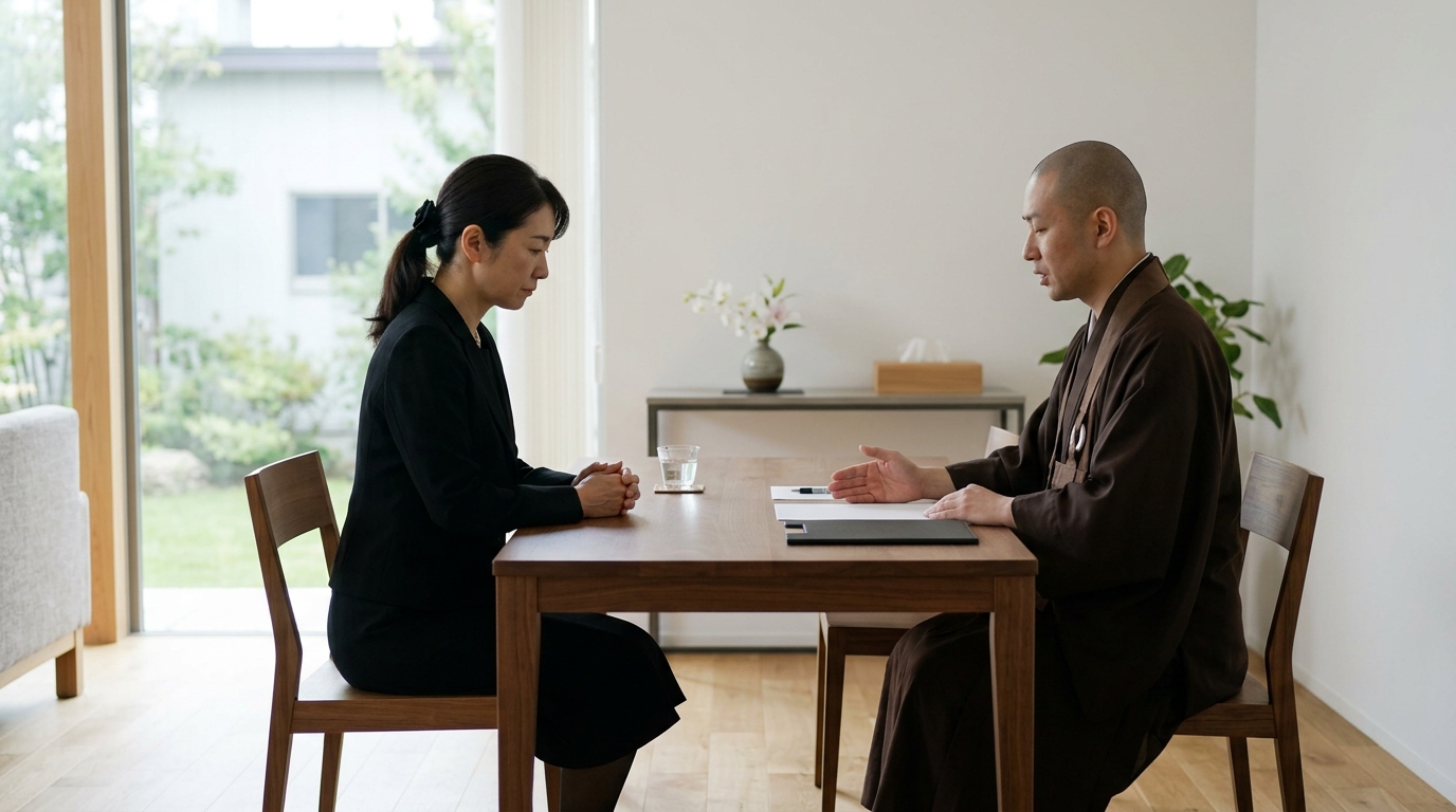 てらくるの評判を調べながら、定額で利用できる僧侶派遣サービスの内容を比較・検討する男性をイメージした画像