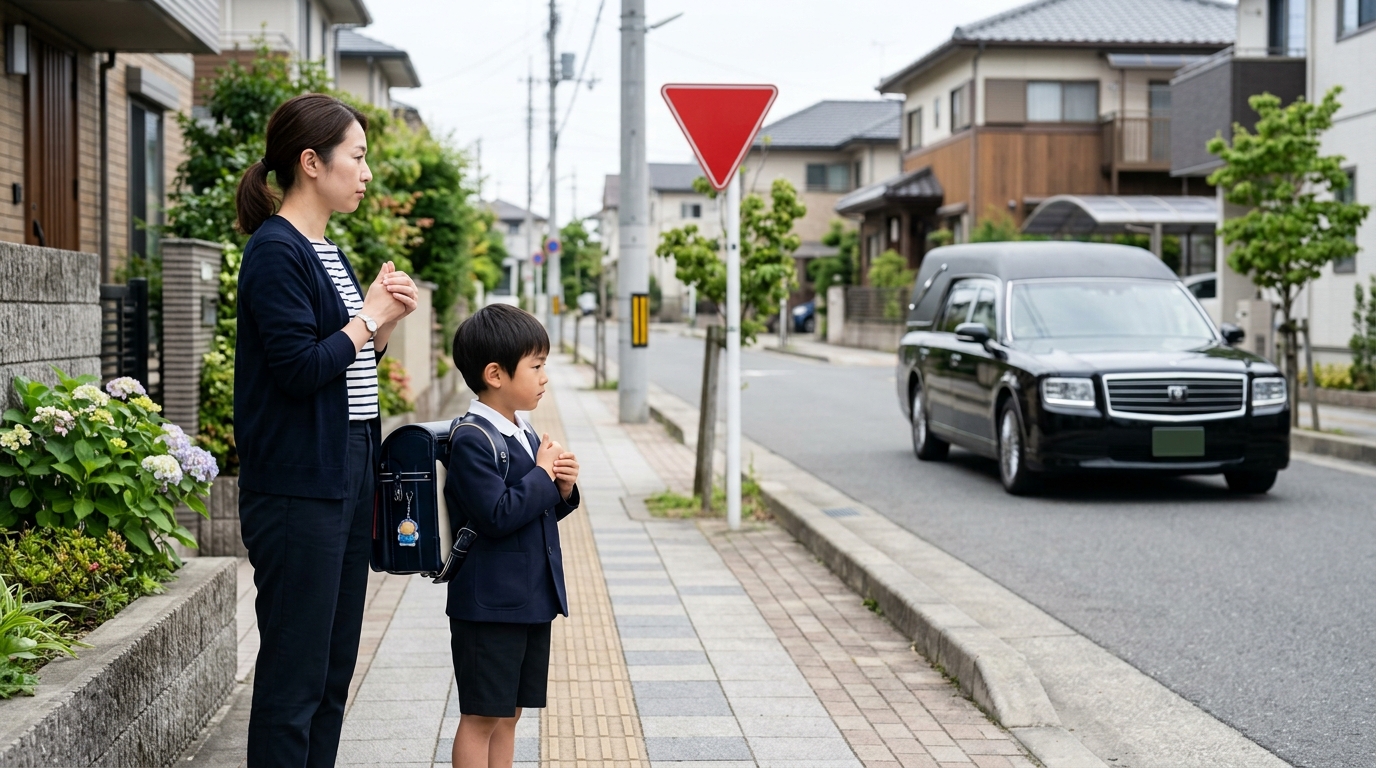 霊柩車で親指を隠す由来に思いを巡らせ、葬送の静かな空気を感じながら足を止める女性を表したイメージ画像