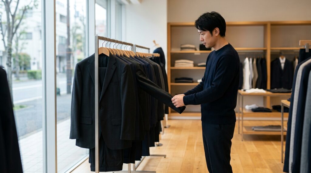 サンキで礼服・喪服は買えるかを検討する際に、店舗でスーツを比較しながら選んでいる様子を表すイメージ画像