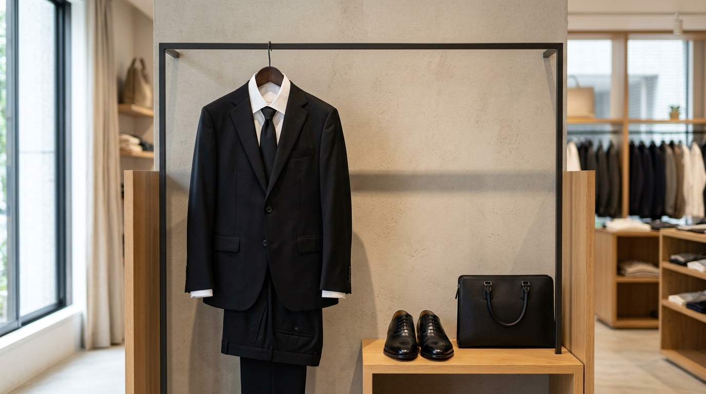 サンキで礼服・喪服は買えるかを調べる際の参考となる、フォーマルスーツ売り場と陳列された商品を表すイメージ画像